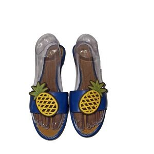 Authentic Tory Burch Royal Blue with Pineapples Leather Slide Sandals 8.5 M